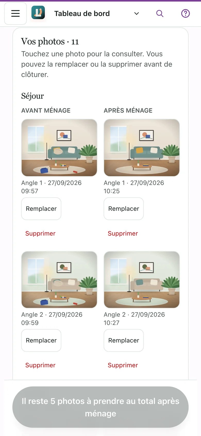 Espace ménage sur téléphone : photos de la mission classées par pièce, avec pour le séjour les photos avant ménage et après ménage prises sous deux angles et horodatées.